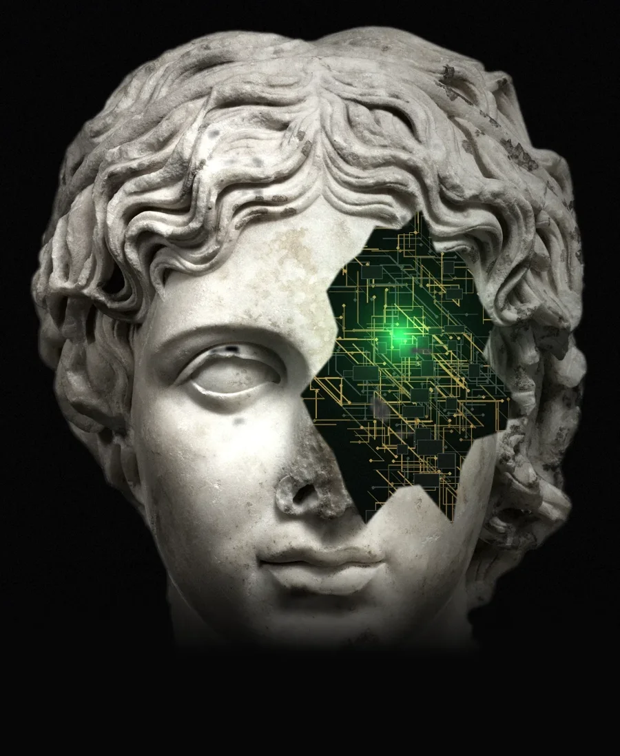 A marble head with a circuit board inside its cheek